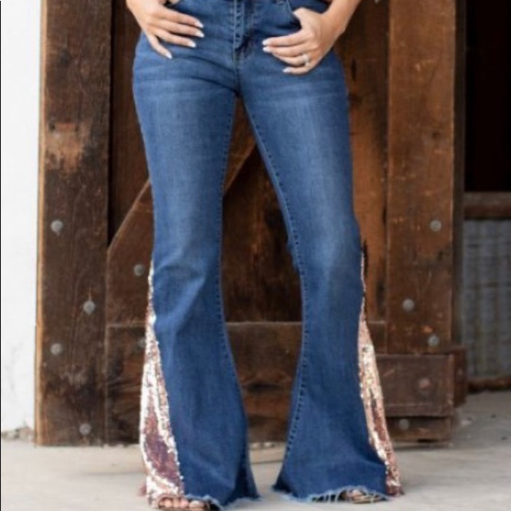 L&B rose gold sequin insert denim bell bottoms